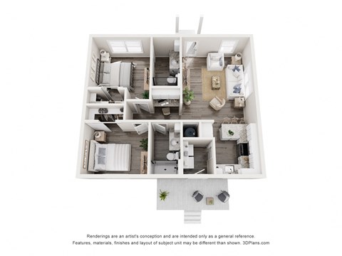 Floor plan for 2 beds, 2 baths, 908 sqft